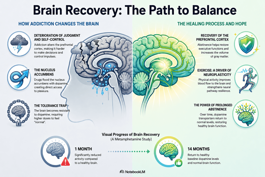 Infographic about brain recovery and the effects of addiction on the brain.