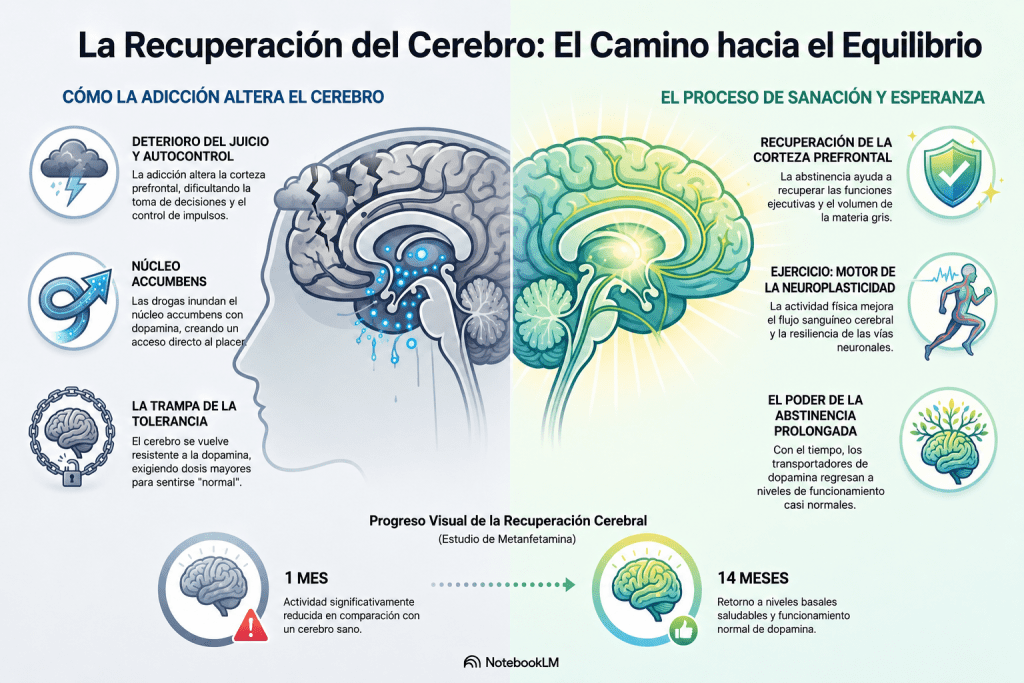 Infografía sobre cómo la adicción afecta al cerebro y el proceso de recuperación cerebral durante la abstinencia.